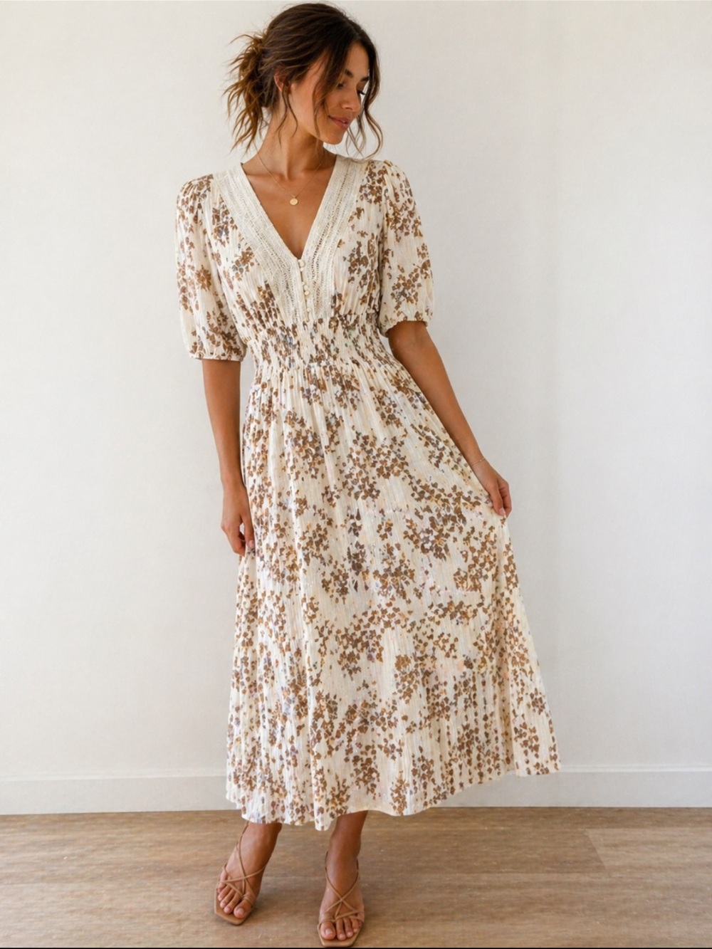 J. Gee Cream Brown Floral Midi Dress Smocked Waist Cottagecore Boho PM